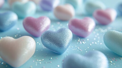 Fototapeta na wymiar Pastel Hearts Assortment: Soft Colors on Blue Surface for Valentine's Day Concept