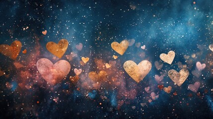 Obraz na płótnie Canvas Cosmic Heart Array: Celestial Hearts in Space with Stardust and Light Specks - Valentine's Day Concept