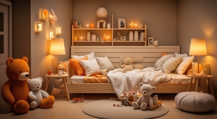 A cozy den with plush pillows and cuddly teddy bears, the warm glow of a lamp casting shadows on the wall in this beautifully designed bedroom