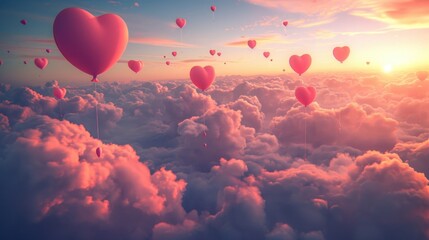 Serene Pink Heart Dreamscape: Balloons Floating in Sky with Sunrise Hues - Valentine's Day Concept - obrazy, fototapety, plakaty