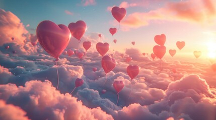 Serene Pink Heart Dreamscape: Balloons Floating in Sky with Sunrise Hues - Valentine's Day Concept - obrazy, fototapety, plakaty