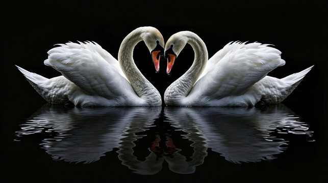 Two white swans in love on a black background