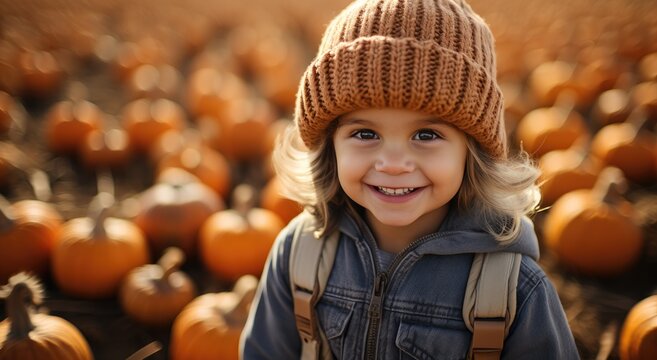 A young child wearing a beanie and backpack smiles brightly in the autumn air, surrounded by pumpkins and gourds, ready for a fun halloween adventure outdoors
