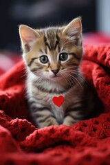 Adorable Tabby Kitten with Knitted Heart: Innocence and Love on Textured Blanket - Valentine's Day Concept