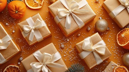Obraz na płótnie Canvas Golden Gift Box Ensemble: Vibrant Orange Backdrop with Festive Decor - Valentine's Day Concept