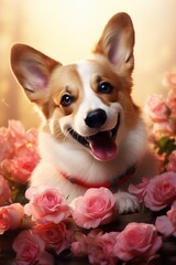 Corgi with Red Rose: Soft Pink Background and Rose Petals - Valentine's Day Concept