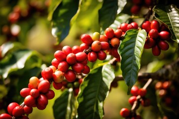 Coffee Plant Tree. Close Up View of Coffee Berries on Branches. Ripe and Raw Coffee Plantation 