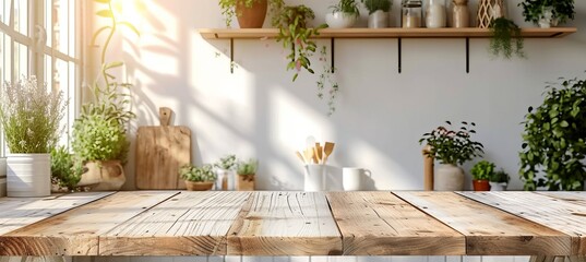Wooden table top on white blurred kitchen counter for product display and food preparation
