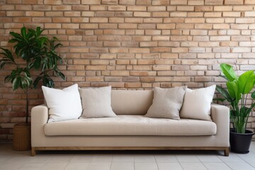 Contemporary Beige Couch with Bright Plant in Modern Apartment Living Room: A Comfortable Oasis
