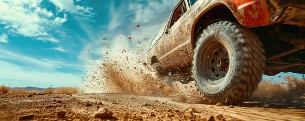 Off road car is driving fast by a dirty road - obrazy, fototapety, plakaty