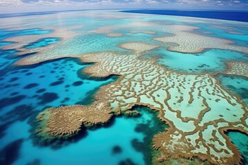 Obraz premium Aerial Photography of Australia's Great Barrier Reef Archipelago. Grooved Coral Reef and Cay Coast