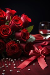 Romantic Red Wine and Roses: Pastel Envelope on Dark Red Backdrop - Valentine's Day Concept