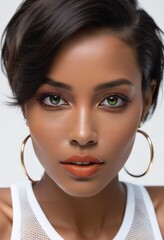 A close-up of a woman with short hair and large hoop earrings. She has an orange lip and her eyes are a striking green.