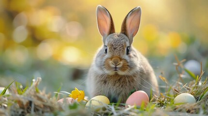 Fototapeta na wymiar Easter bunny surrounded by eggs