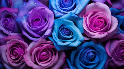 close up of pink, blue, and purple roses