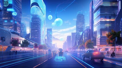 Smart city with futuristic street and holographic display for advance infrastructure concept. Created with Generative AI - obrazy, fototapety, plakaty