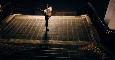 Japanese woman, city and dancing on stairs, moving body and freedom for street performance in...