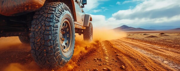 Off road car is driving fast by a dirty road