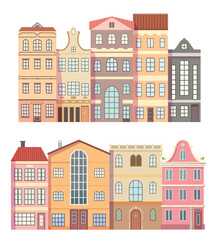 Set of colorful Amsterdam houses. Old European street view with stylized tiny houses