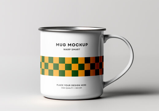 Metal Camping Mug Mockup with Checkered Band &ndash; Classic Outdoor Enamel Cup Design on White Background