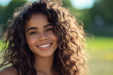 Fototapeta premium Portrait of a Curly-Haired Young Woman in Sunshine. Generative AI.