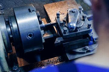 Concept factories for parts, fix workshops in garage banner. Mechanic worker use milling machine...
