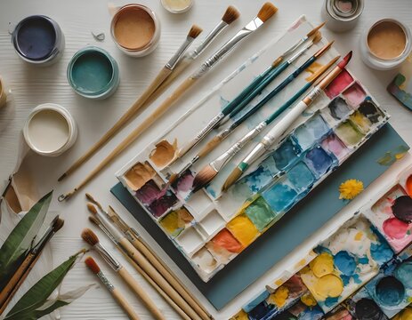 A desk with vibrant paintbrushes, sketchbooks, and artistic tools.