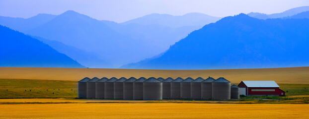 Grain Silos and Wheat Field on Farm with Blue Mountains in Background © Lane Erickson
