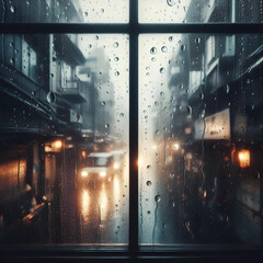 Rainy window with raindrops running down the glass