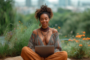 A young African American woman smiling and working on her laptop in a natural setting