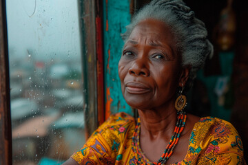 Portrait of a 60-year-old woman inside her humble house in Africa