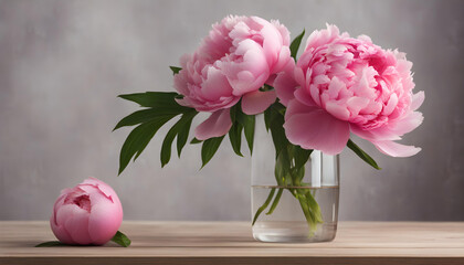 Beautiful Pink peony in a glass vase against the background of a gray wall on a beige wooden table