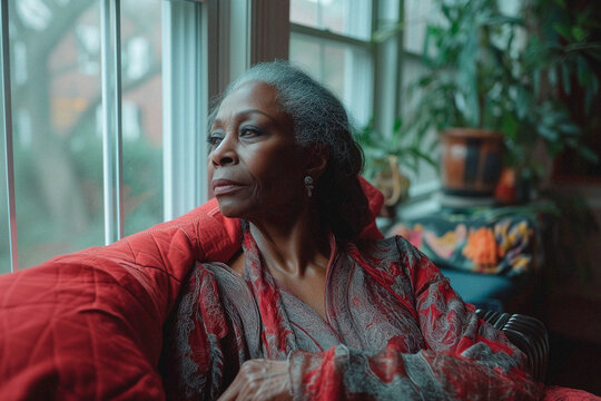 African American woman in her sixties in a situation of loneliness