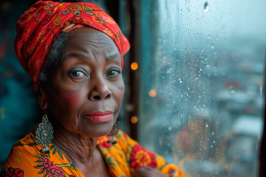 Portrait of a 60-year-old woman inside her humble house in Africa