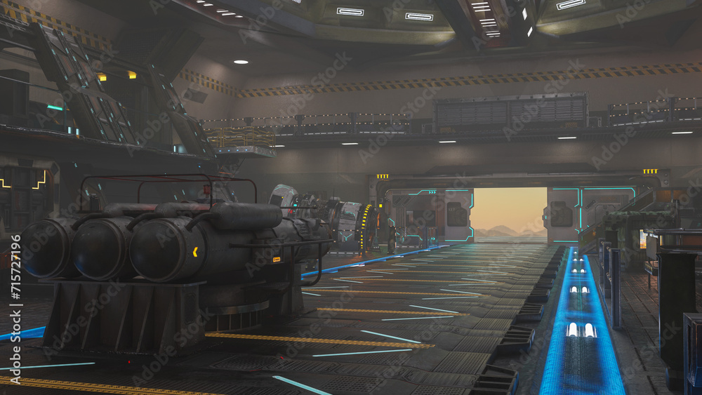Poster Inside a large science fiction hanger on a fantasy alien planet with desert landscape seen through an open door. 3D rendering.