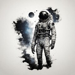 Fototapeta na wymiar In the inky blackness of space, the silhouette of a solitary astronaut floating, graphic tshirt vector, contour, white border background