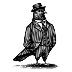 pigeon wearing a classic suit and hat vintage sketch - obrazy, fototapety, plakaty