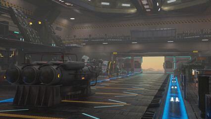 Inside a large science fiction hanger on a fantasy alien planet with desert landscape seen through an open door. 3D rendering. © IG Digital Arts