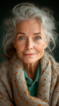 Portrait of a blue-eyed Caucasian senior woman looking at camera sweetly