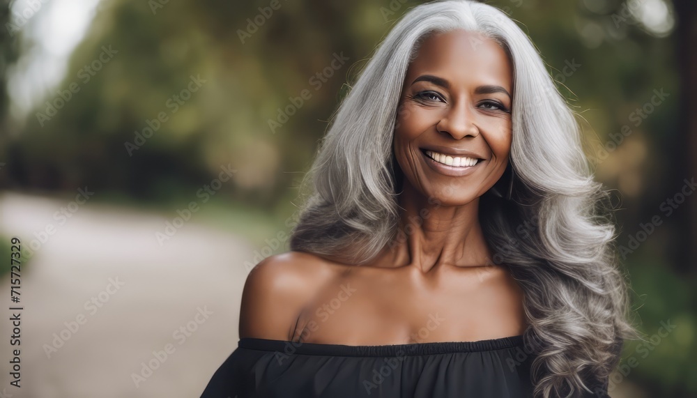 Wall mural Beautiful black woman with smooth healthy face skin. Gorgeous aging mature woman with long gray hair