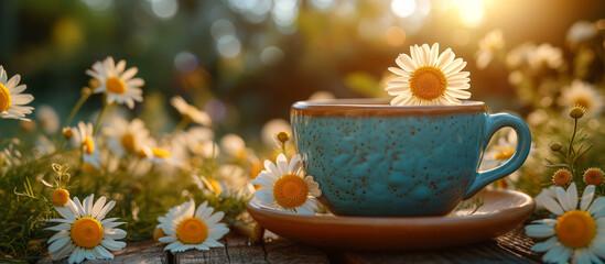 cup of chamomile with flowers