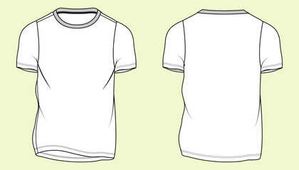 Basic Men's Short sleeve Crew neck T Shirt flat sketch fashion illustration drawing template mock up with front and back view. Menswear T shirt top cad drawing.