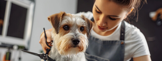 Dog hairdresser girl Animal care concept - obrazy, fototapety, plakaty