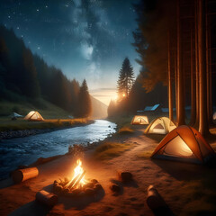 A campsite by a river with a glowing campfire and tents under the stars