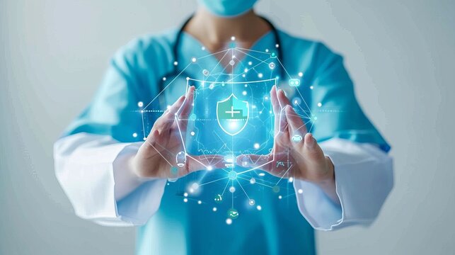 Medical welfare concept with hands holding healthcare icons for accessible health insurance.