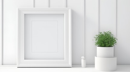 A mockup template square frame placed on a table alongside a plant.