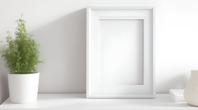 A square mockup template frame positioned on a table next to a plant.