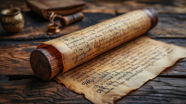 Corporate Elegance: Papyrus Scroll with Cryptic Writing on Antique Table in Business Ambiance
