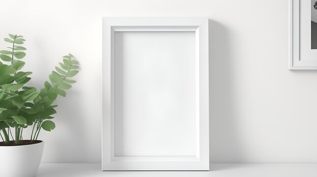A white frame, designed as a square mockup template, resting on a table near a plant.
