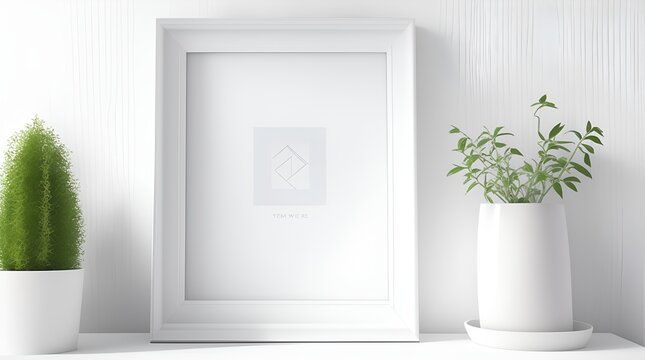 A square white frame on a table beside a plant, perfect for showcasing mockup templates.